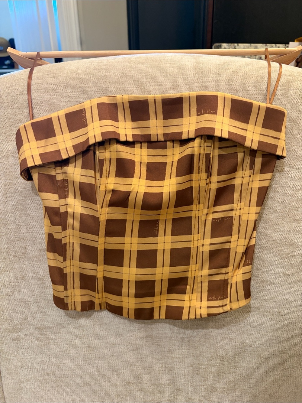 With Jean Brown and Yellow Plaid Strapless Top🌻🌻🌻🌻🌻🌻🌻🌻🌻🌻